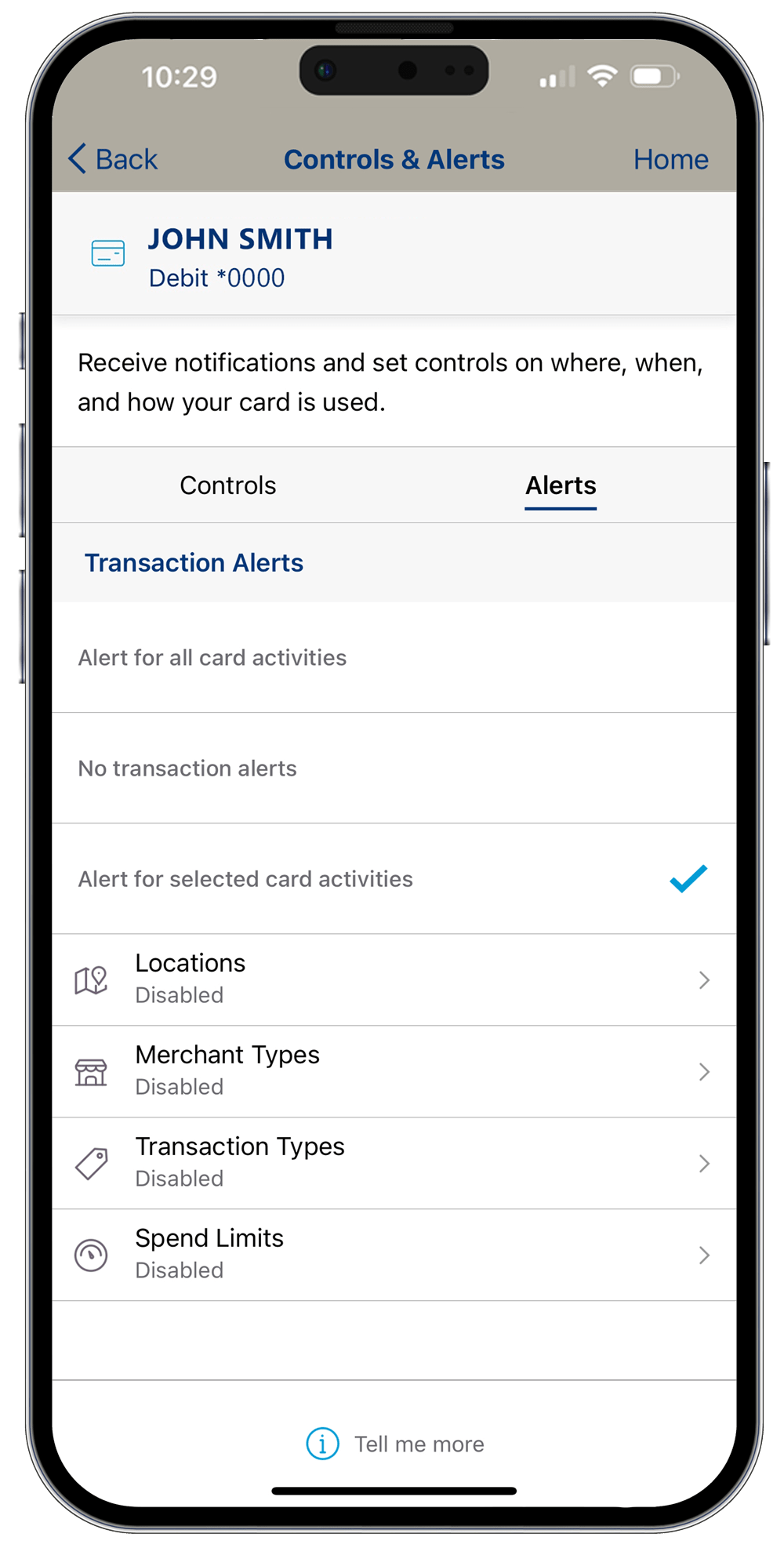 Controls and Alerts main categories including Locations